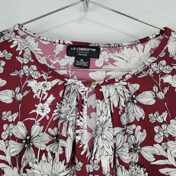 Liz Claiborne Career Petite maroon white black floral tunic top petite large - Picture 2 of 6